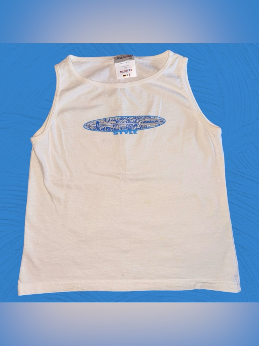 Vintage Y2K Reebok White Tank Top With Surfboard Style Graphic Women’s Large